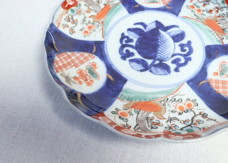 明治前期色絵桃と三方に花鳥図７寸皿