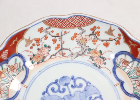 明治前期色絵梅に鶯と菖蒲図通り物7寸皿②かたつき