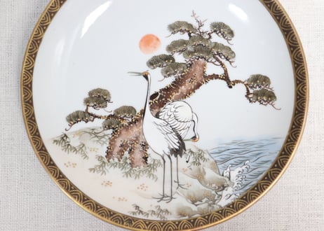 明治前期九谷焼色絵松鶴図通り物5寸皿①