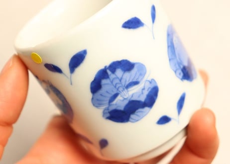 江戸幕末染付蝶と草花図火入れ,灰吹きセット 灰吹き小ホツ,ニュウ