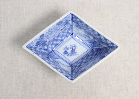 明治後期~大正染付牡丹と山水図菱形小鉢①