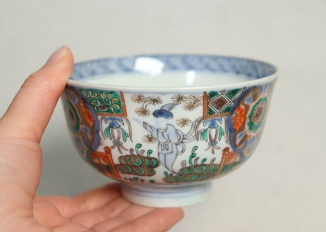 明治前期色絵獅子牡丹と人物図通り物飯茶碗①