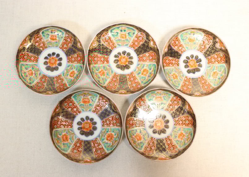 明治前期色絵牡丹と幾何学文小皿① 5客組 | 吉祥寺PukuPuku