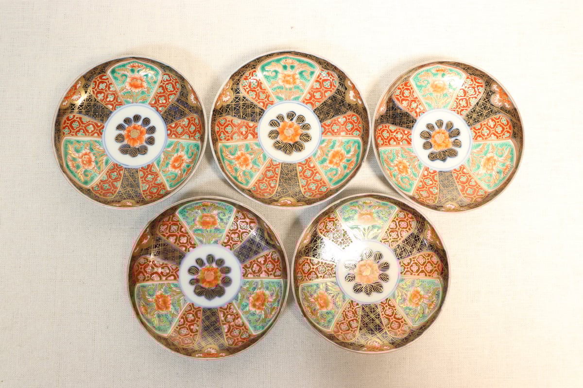 明治前期色絵牡丹と幾何学文小皿① 5客組 | 吉祥寺PukuPuku