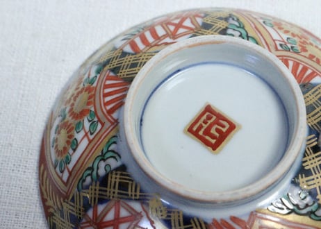 明治前期色絵扇面に菊図通り物飯茶碗