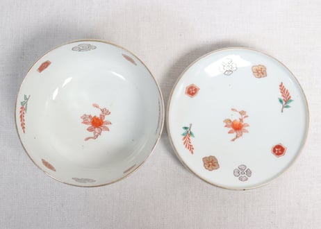 明治前期色絵網手に鶴と梅に鶯図通り物蒸茶碗②高台ホツ,高台内柄無し