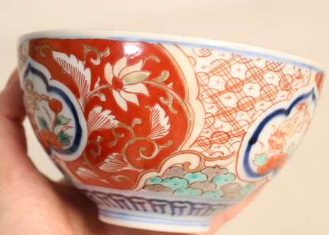 明治前期色絵獅子牡丹と幾何学文図飯茶碗①