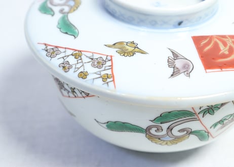 明治前期色絵麒麟に花鳥図蒸茶碗  フリモノ