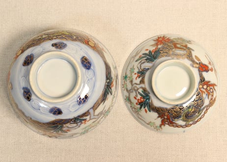 明治前期色絵龍と宝珠に人物図通り物飯茶碗②蓋少甘手