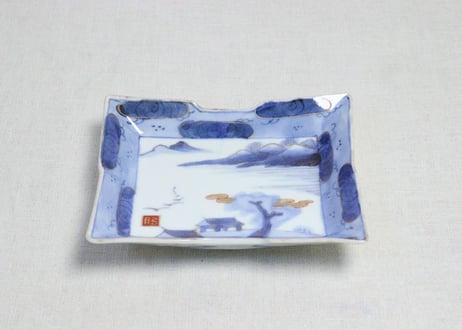 明治後期～大正染付金彩山水図長角皿