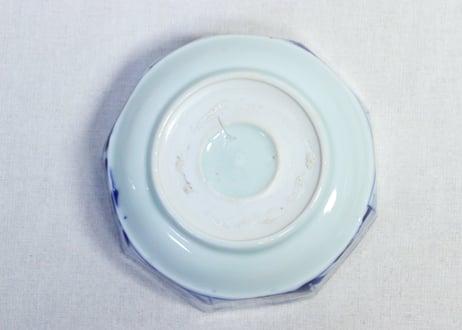 江戸幕末染付牡丹に雀図九面取り鉢 窯傷
