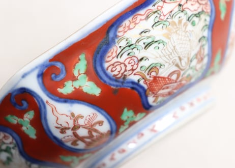 明治前期大聖寺焼色絵四方に宝と鶴図八角なます皿①