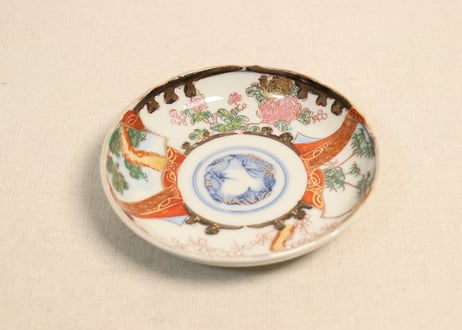 明治後期～大正色絵プリント松竹梅菊図小皿