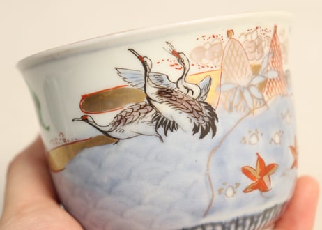 明治前期色絵松鶴に網干図向付
