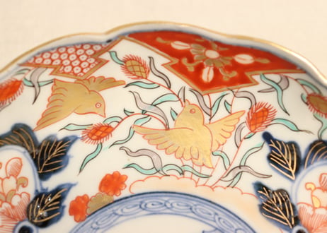 明治前期色絵芦に鳥と牡丹図通り物7寸皿①