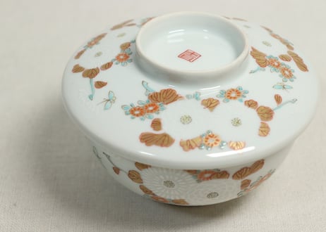 明治前期色絵三方菊図通り物蒸茶碗