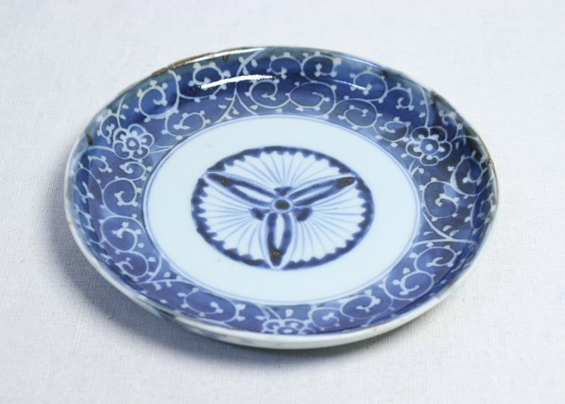 染付皿 中皿 3枚 鳥文 花文 岩文 花弁縁 明治