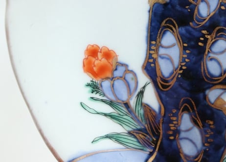 明治前期色絵梅と福寿草図5.5寸皿