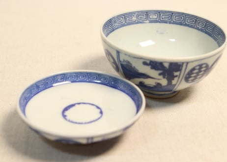 明治後期～大正銅判丸と山水人物図蓋茶碗