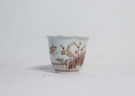 江戸中期色絵芝垣に梅と鶯図輪花向付 小ホツ