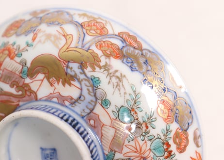明治前期色絵三方松竹梅と花鳥図通り物飯茶碗