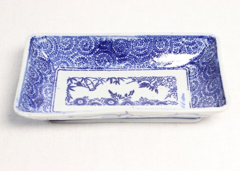 【上作】明治時代　印判手　銅版転写　みじん唐草　たこ唐草文様　長皿　5客　古箱付 上作】明治時代印判手銅版転写みじん唐草たこ唐草文様長皿5客古箱付