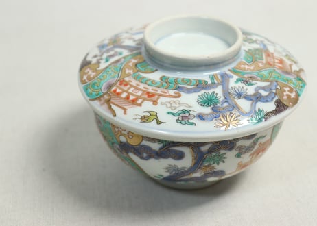 明治前期色絵鶴と松竹梅図通り物蒸茶碗