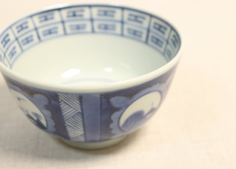 江戸幕末染付丸窓山水図飯茶碗