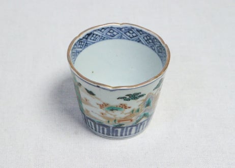 江戸後期色絵山水に丸文図猪口　5客組