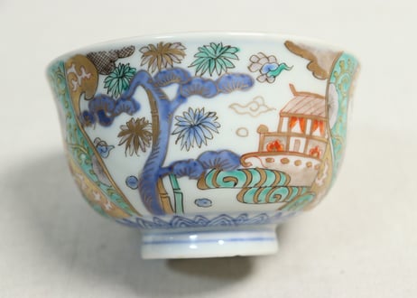明治前期色絵鶴と松竹梅図通り物飯茶碗