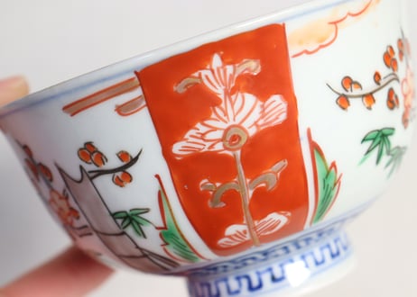 明治前期色絵三方に竹梅図通り物飯茶碗
