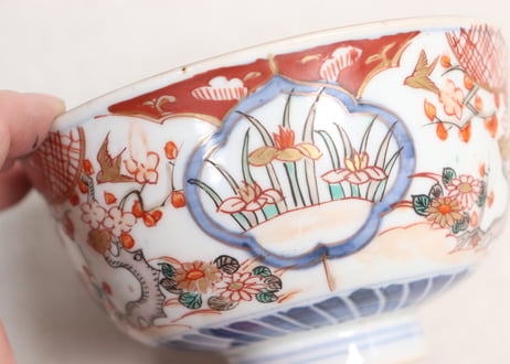 明治前期色絵梅に鶯と菖蒲図通り物飯茶碗