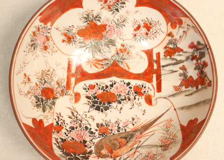 明治前期九谷焼赤絵花鳥図三ツ組鉢 小サイズ少甘手有り