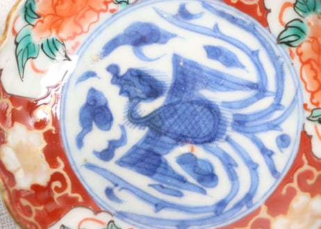 明治前期色絵鳳凰と牡丹図豆皿①フリモノ