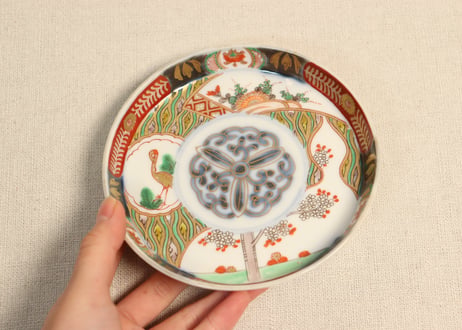明治前期色絵松鶴に菊と桜図縁立小皿