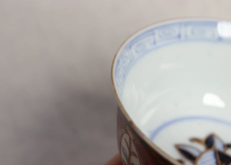 明治前期色絵桃と六方に松竹梅と牡丹図通り物飯茶碗 蓋部分甘手