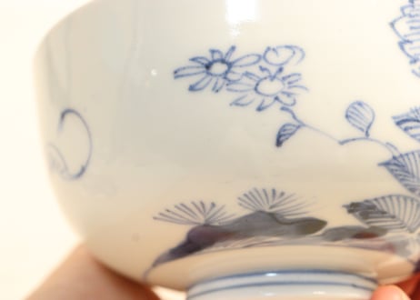 江戸後期染付菊と蝙蝠図飯茶碗