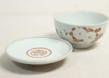 明治前期色絵三方菊図通り物蒸茶碗