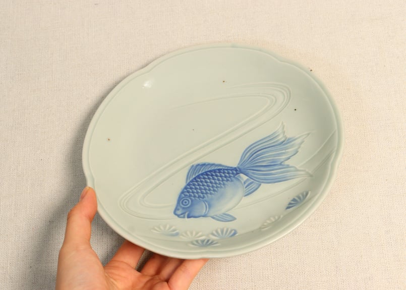 ★ 江戸期 青磁 金魚 色絵 なます皿 5客組 アンティーク 昭和戦前青磁陽刻金魚図6寸皿 | 吉祥寺PukuPuku