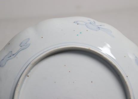明治前期色絵籠目に花鳥図7寸皿①窯傷,黒点