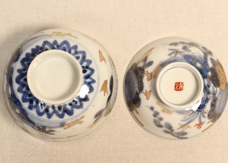 明治前期金彩染付四君子図飯茶碗