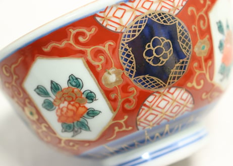 江戸幕末色絵牡丹と青玉図通り物飯茶碗