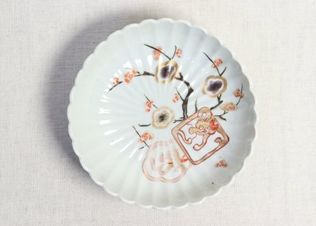 江戸中期赤絵金彩梅と龍図菊花型なます皿 5客組　1客ノミホツ