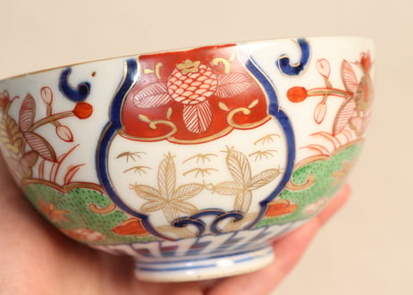 明治前期色絵若松と牡丹図飯茶碗