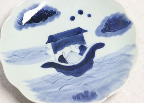 江戸幕末染付船上人物図7寸皿 甘手,小ホツ