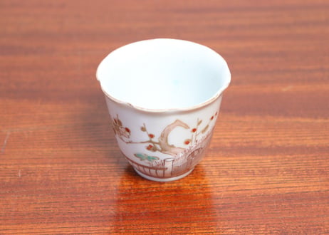 江戸中期色絵芝垣に梅と鶯図輪花向付 五客組 1ヶノミホツ