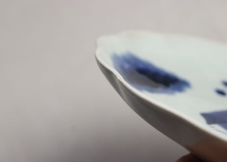 江戸幕末染付船上人物図7寸皿 甘手,小ホツ