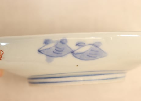 明治前期色絵鶴丸と幾何学文縁立ち長角皿