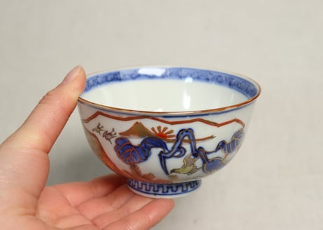 明治前期色絵富士に鷹と茄子図蓋茶碗①