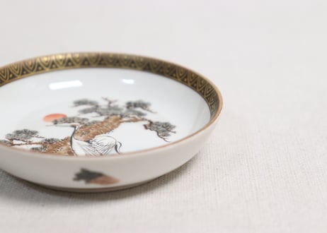 明治前期九谷焼色絵松鶴図通り物豆皿　甘手